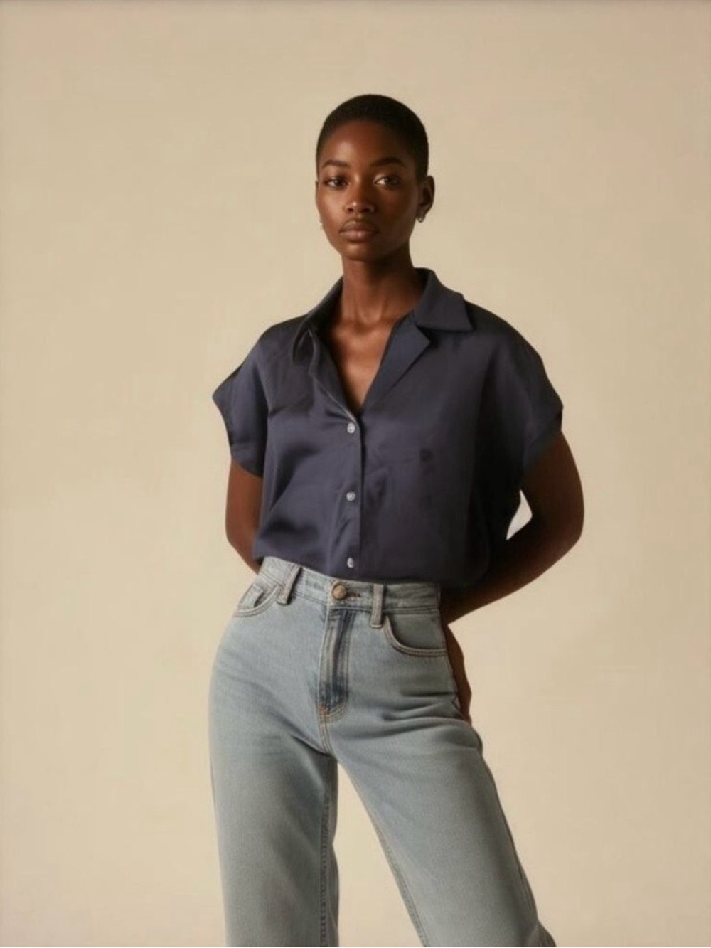 Rachel Zoe Black Satin Button Front Blouse Short Sleeve